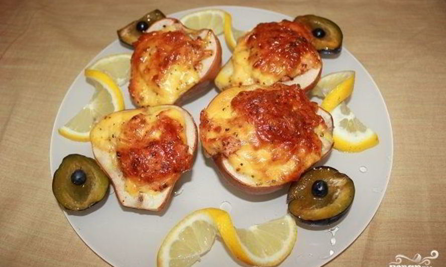Рецепт груша, запеченная с креветками и сыром