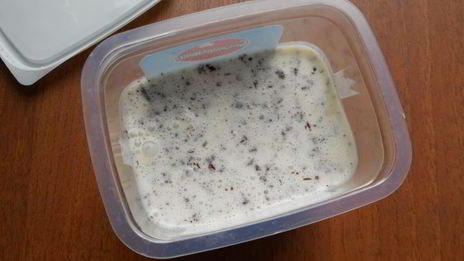 сливочное мороженое с кусочками шоколада и карамельным соусом