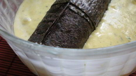 рыбный террин с креветочным муссом на подушечке из брокколи