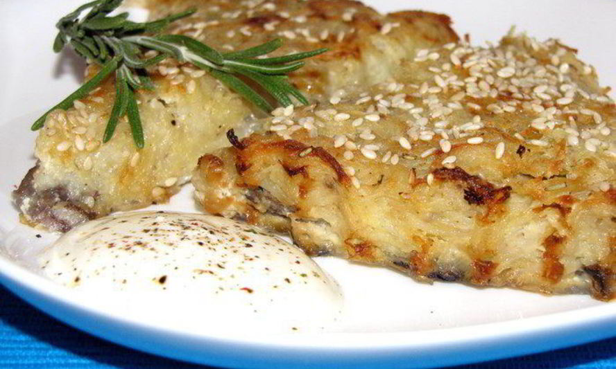 Рецепт драники с грибами и кунжутом, запеченные в духовке