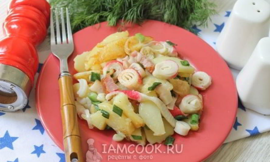 Рецепт жареный картофель с ветчиной и крабовыми палочками