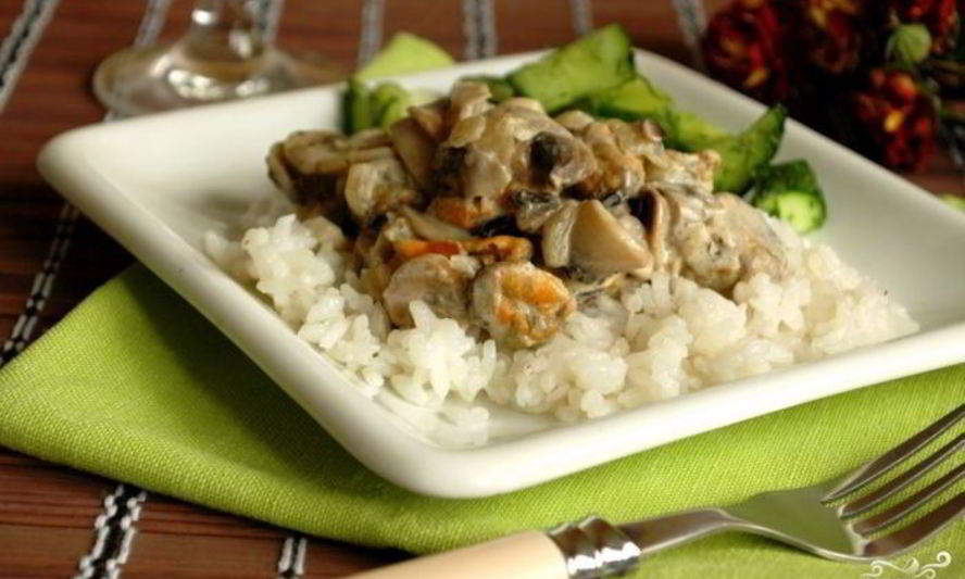 Рецепт мидий и шампиньонов в сливкаха