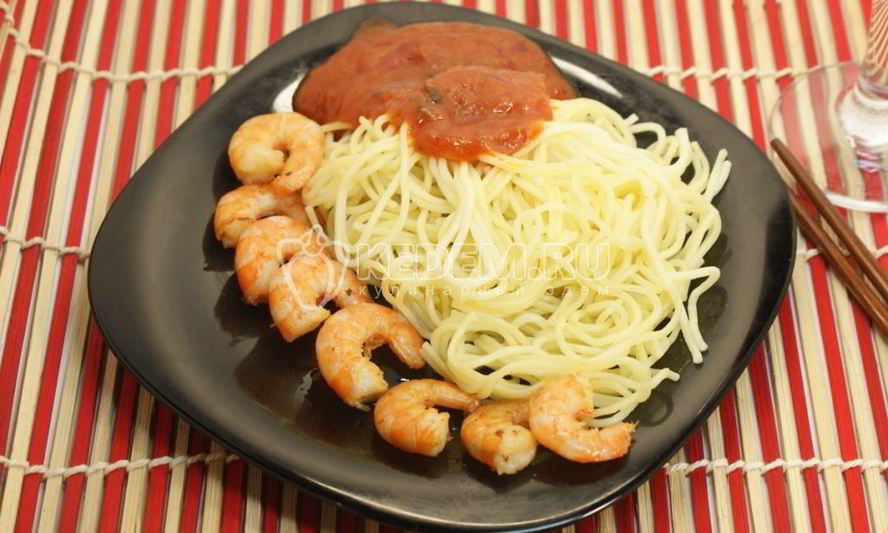 Рецепт креветки & спагетти