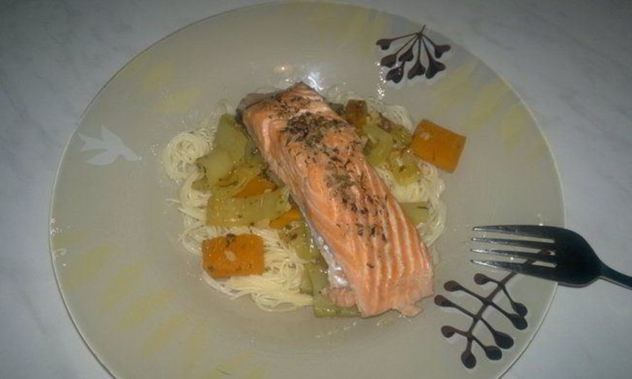 Рецепт лосось в пиве портер и спагетти с тыквой, перцем и чесноком