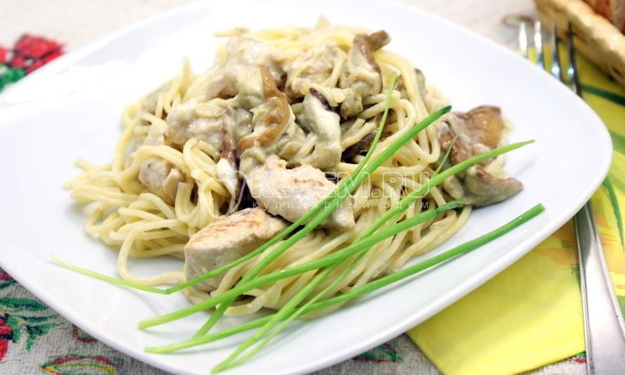 Рецепт спагетти с грибами и курицей