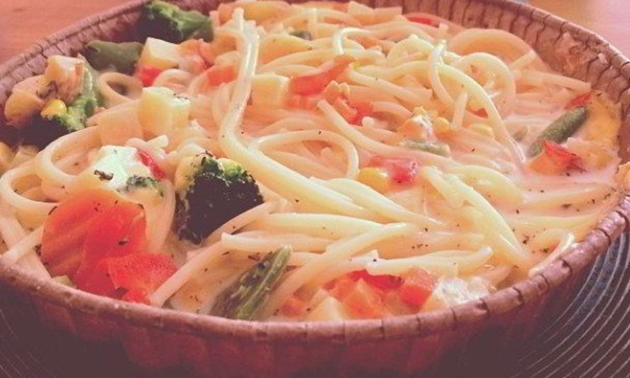 Рецепт спагетти, запеченные с овощами в сливочном соусе