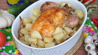 Фаршированная курица с патиссонами в рукаве