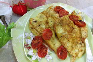 Креспелле с печенью, нутом и помидорами черри