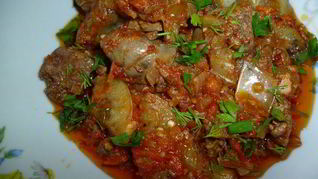 Куриная печень с белыми баклажанами