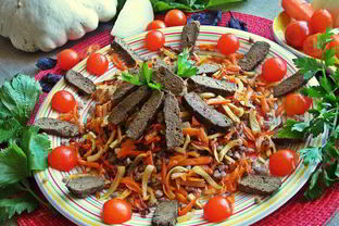 Печенка с овощами и гречкой