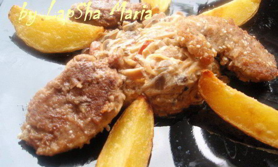 Рецепт утиное филе в кунжуте с грибным рагу и картофельными дольками