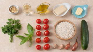 Летнее ризотто с помидорами черри, цукини и кедровыми орешками