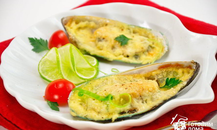 Рецепт мидии, запеченные с сырным соусом