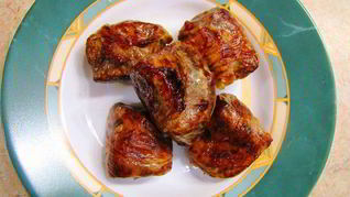 Шашлык из говяжьей печени в жировой сетке