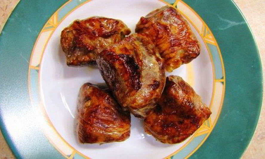 Рецепт шашлык из говяжьей печени в жировой сетке