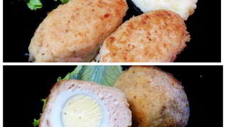 Куриные зразы с яйцом и луком и Шотландское яйцо