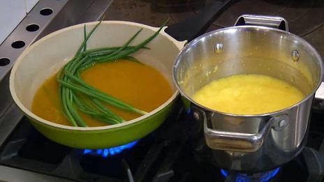 полента с мидиями и беконом