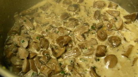 жареная полента в соусе из лесных грибов и чеснока