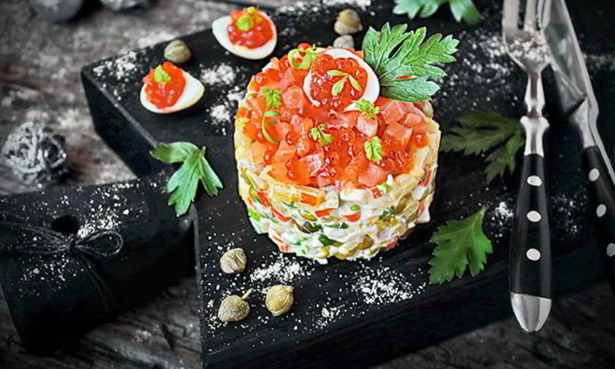 Рецепт салат оливье с семгой и красной икрой