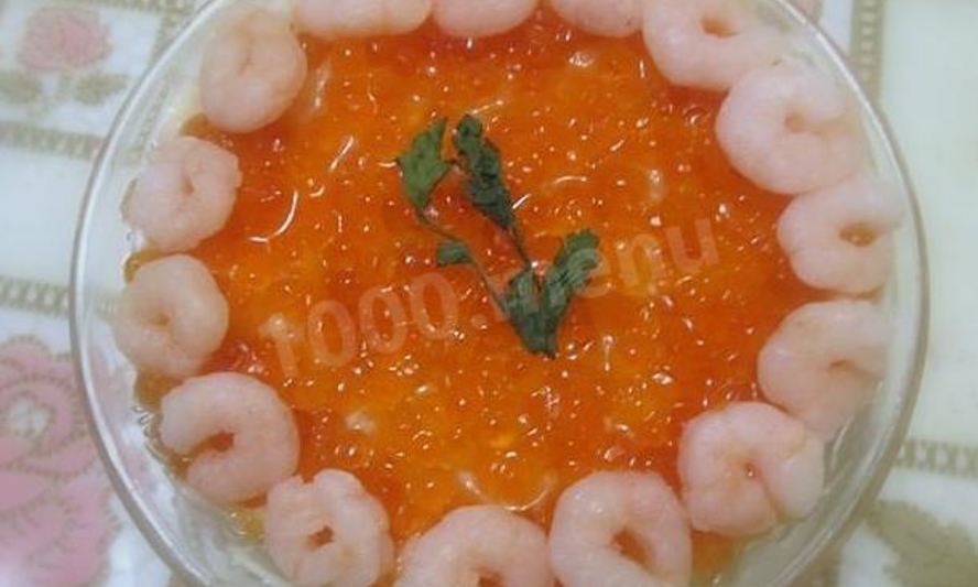 Рецепт салат креветки под шубой с красной икрой
