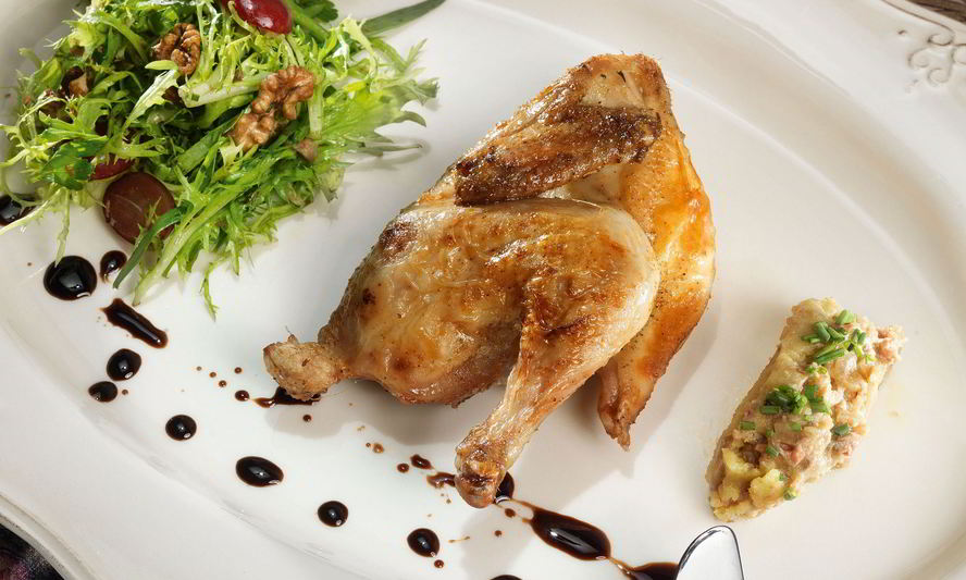 Рецепт цыплята с винегретом из утиной печени и салатом