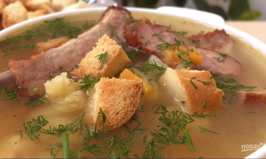 Рецепт очень вкусный гороховый суп с копчеными ребрышками