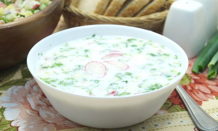 Рецепт окрошка на кефире с колбасой