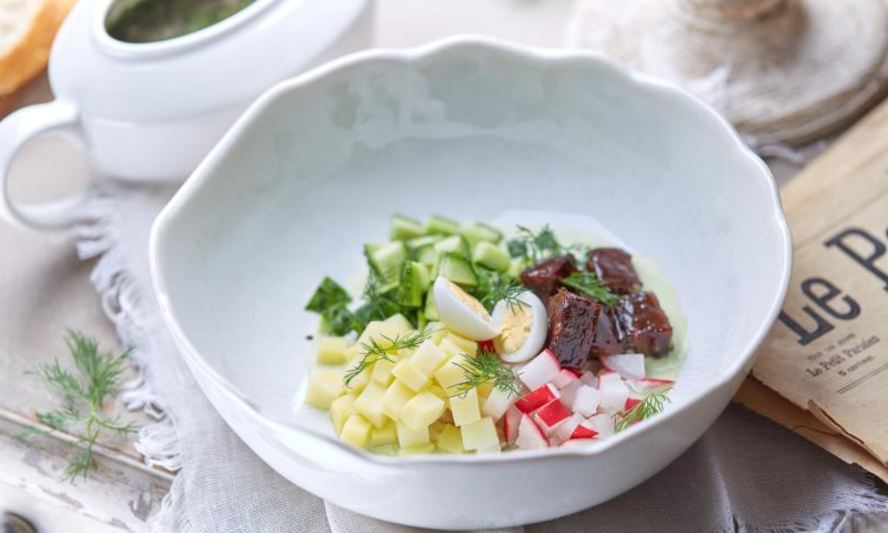 Рецепт окрошка с глазированными щечками