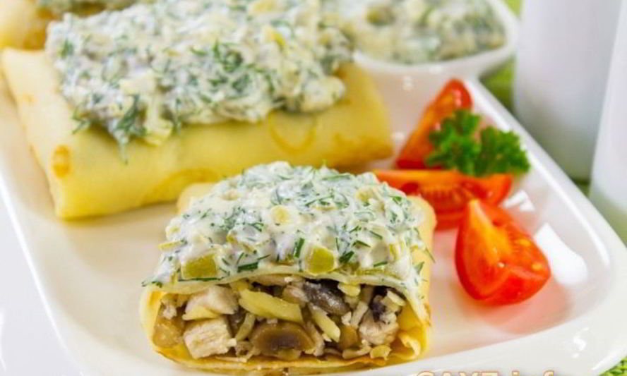 Рецепт блины, фаршированные куриным филе, грибами и сыром