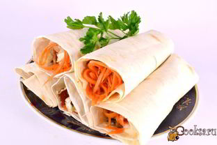 Лаваш с курицей, грибами и корейской морковью