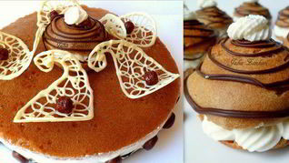 Мини-торт из мокко-профитролей со сливочным кремом, кофейным муссом и белым шоколадом