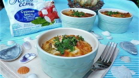 запеканка с крабовым мясом и луком-пореем