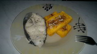 Брускетта из тыквы с шалотом и отварной стейк из зубатки