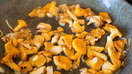 яичница-болтунья с лисичками и луком